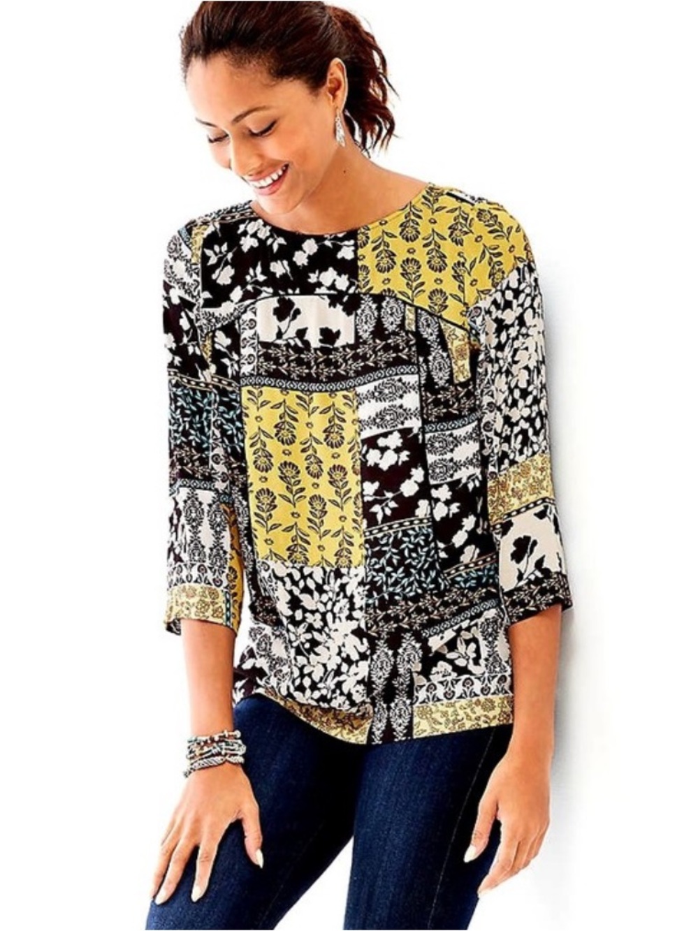 J. Jill 100% Rayon Floral Patchwork 3/4 Sleeve Tunic in Yellow, Black & White